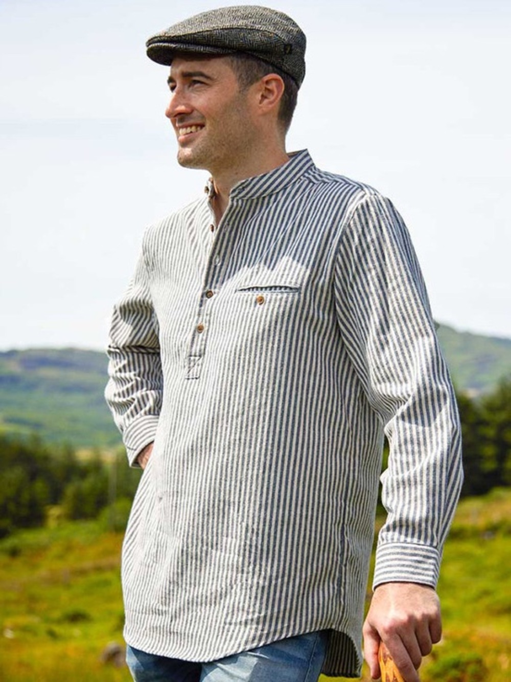 Aran Ireland Flannel Grandfather Shirt - Navy Stripe— Men’s XS